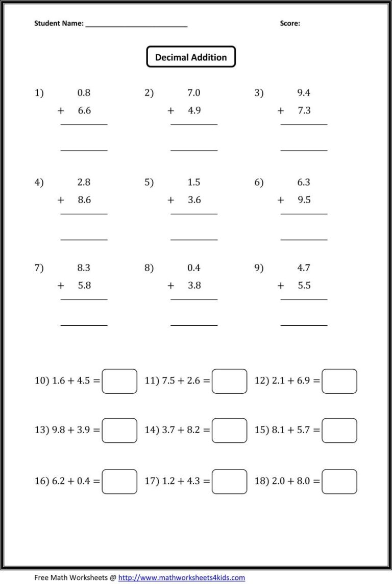 Adding And Subtracting Decimals Horizontal Worksheets Pdf