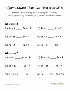 Algebraic Equations Worksheet Grade 6