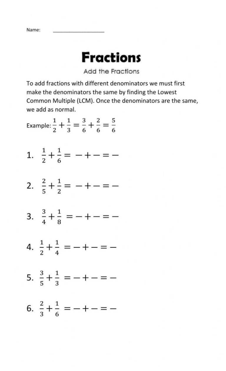 Adding And Subtracting Fractions Worksheets Different Denominators