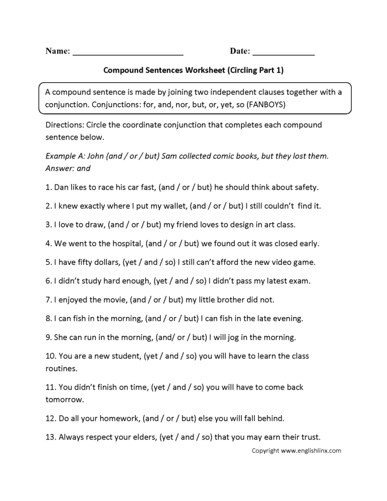 Simple And Compound Sentences Worksheets Pdf Grade 5