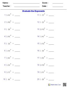 Integers with Simple Exponent Worksheets Math worksheets, Math facts