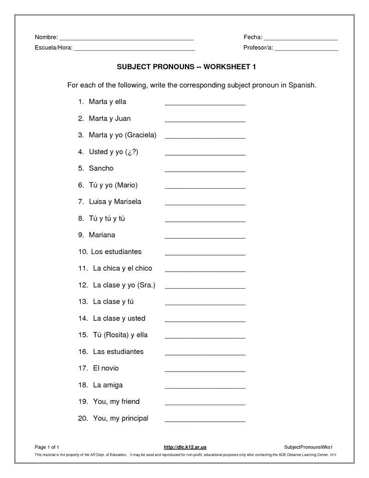 Spanish Subject Pronouns Worksheet Printable