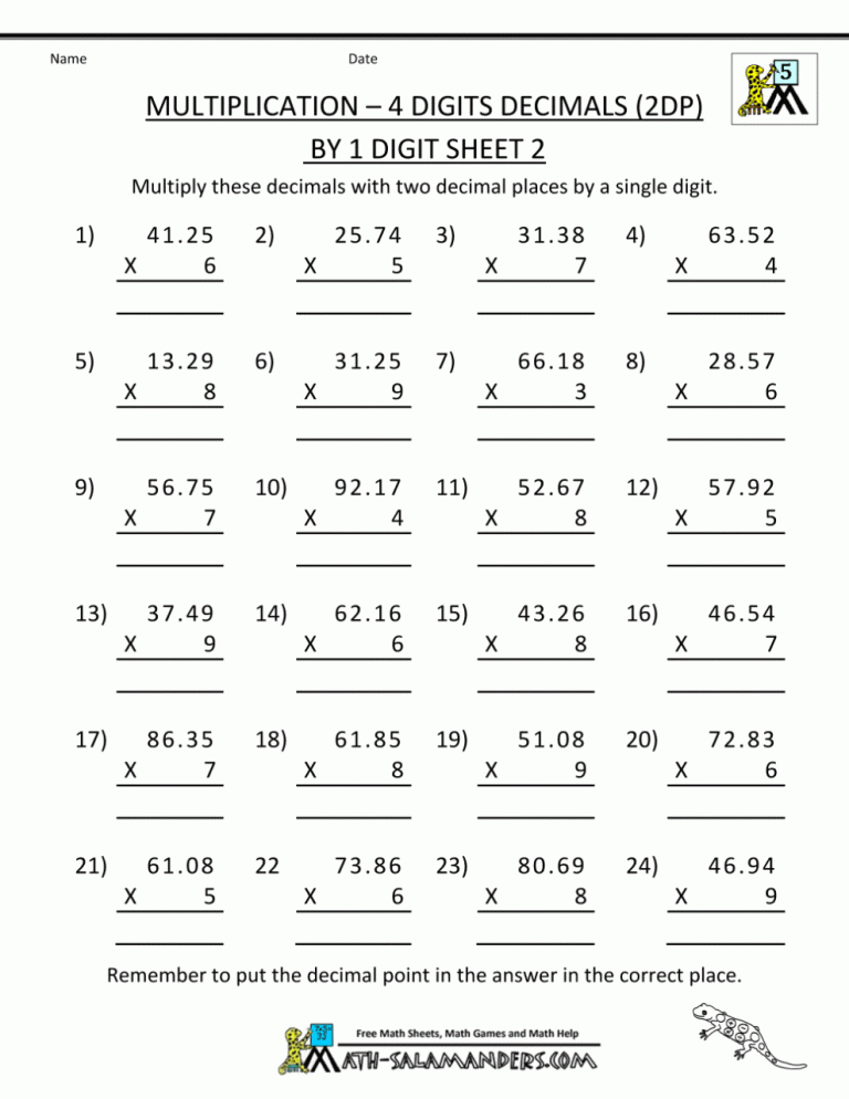 5th Grade Math Multiplying Decimals Worksheets