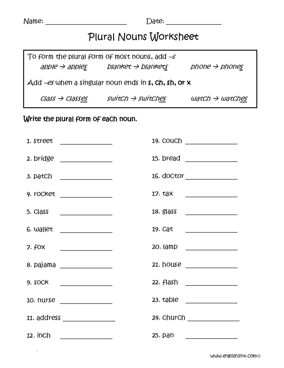 Singular And Plural Nouns Worksheet Grade 5