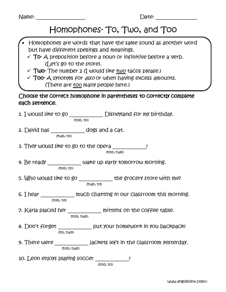 4th Grade Homonyms Worksheets With Answers