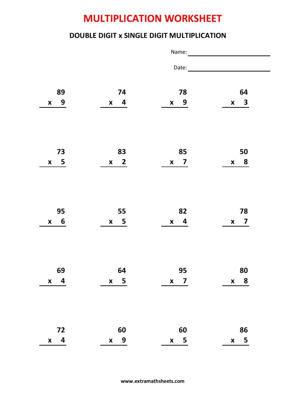 Multiplying 2 Digits By 1 Digit Worksheets
