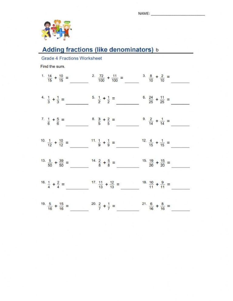 Adding Fractions With Like Denominators Worksheets Pdf Grade 2