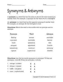 Synonyms And Antonyms Worksheet For Grade 3 Pdf