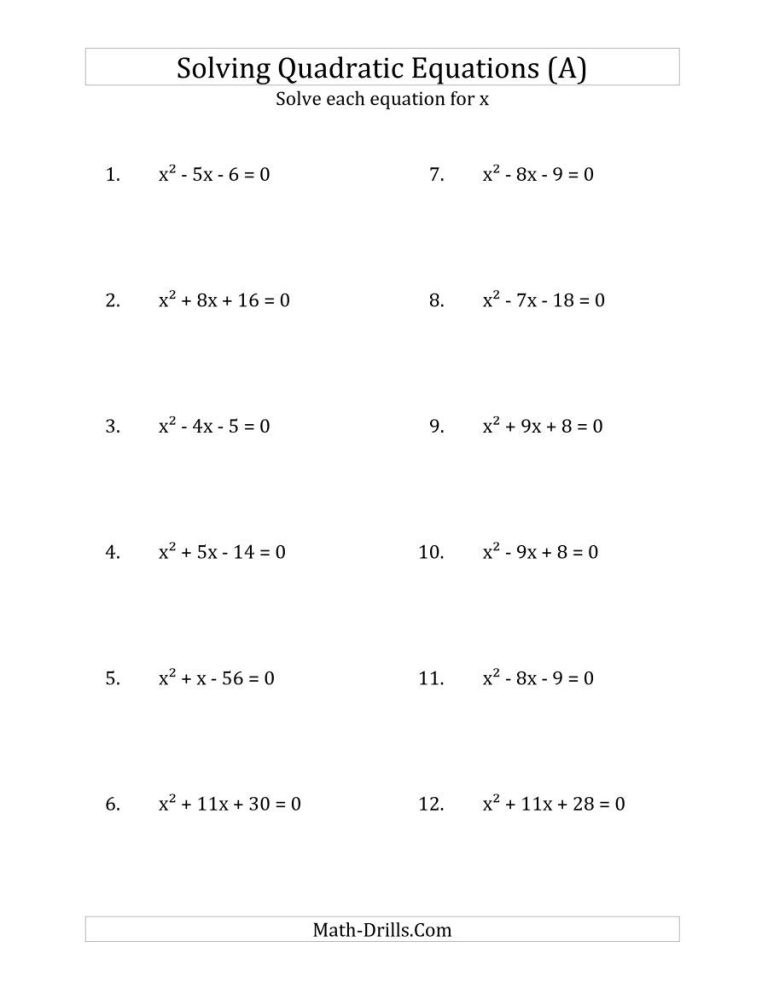 Quadratic Equation Worksheet With Answers Pdf