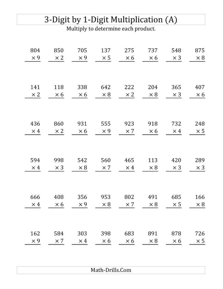 3 Digit By 1 Digit Multiplication Printable Worksheets