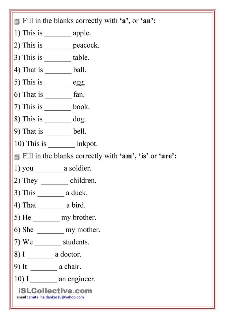 Worksheet For Class 1 English Is Am Are