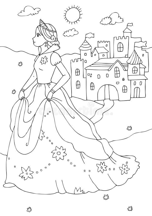 Princess and Castle Coloring Page. Line illustration created to be