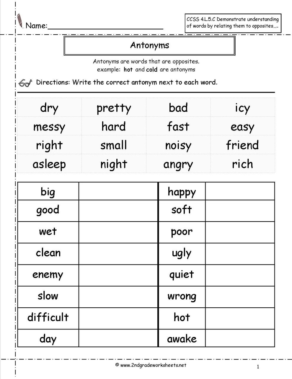 Grade 2 Antonyms Worksheets Pdf