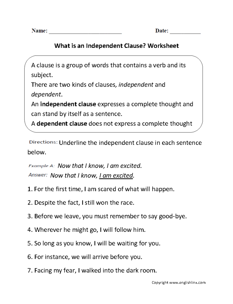 7th Grade Identifying Independent And Dependent Clauses Worksheet