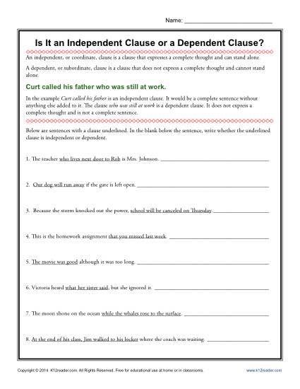 Answer Key Independent And Dependent Clauses Worksheet With Answers