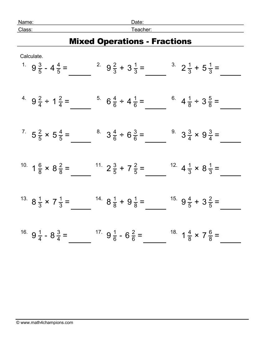 Fraction Operations Worksheet Pdf