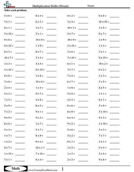 Free Math Drills Multiplication Worksheets