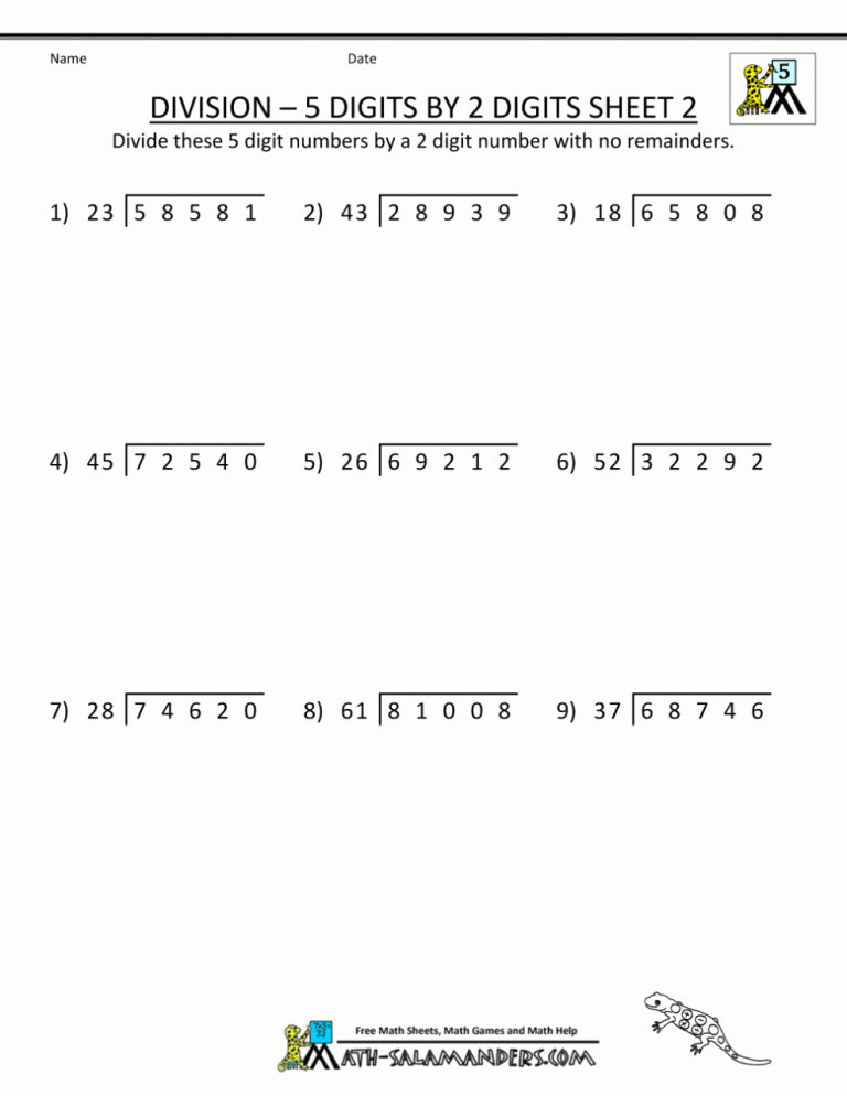 5th Grade Long Division With Remainders Worksheet
