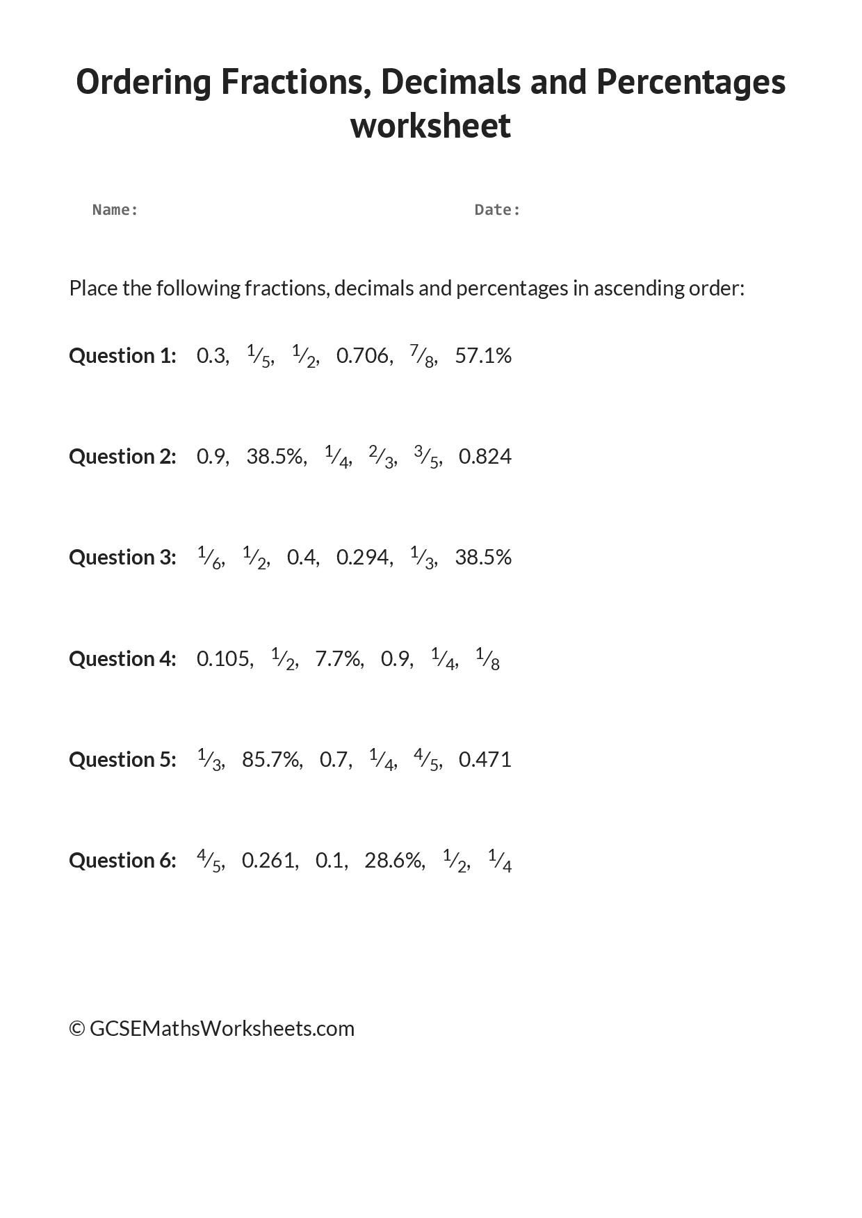 Ordering Fractions, Decimals and Percentages worksheet Fractions