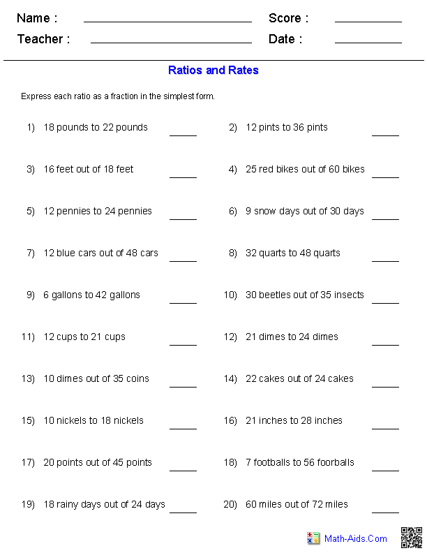 6th Grade Ratios And Proportions Worksheet