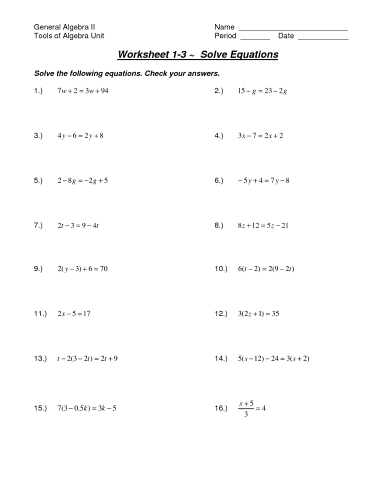 Solving Multi Step Equations Worksheet Algebra 2