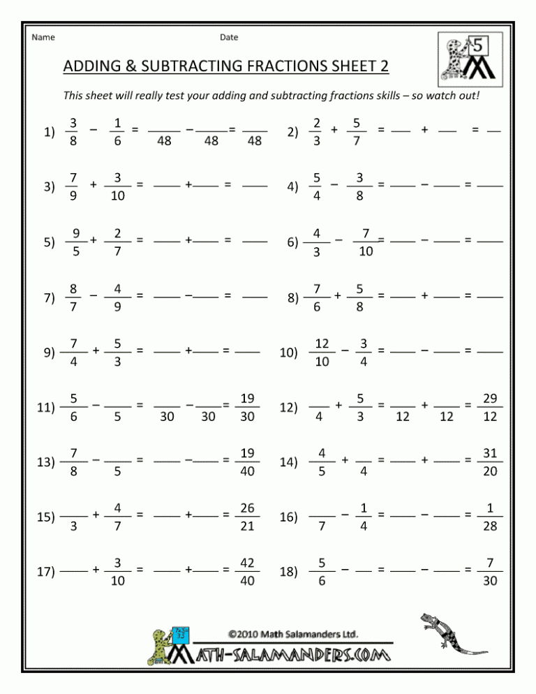 Adding Unlike Fractions Worksheet Grade 4