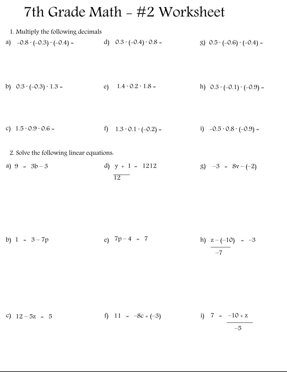 Free, printable 7th grade math worksheets (PDF) Printerfriendly
