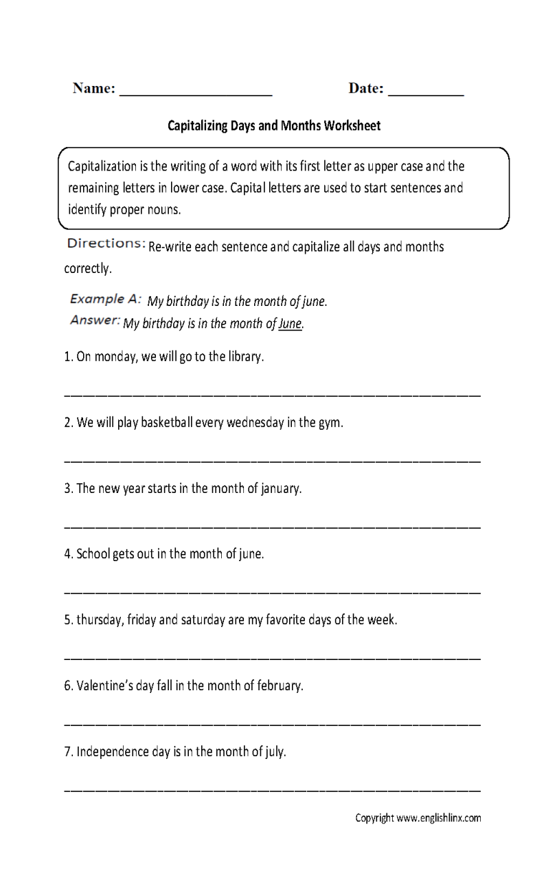 Capitalization Grammar Worksheets For Grade 1