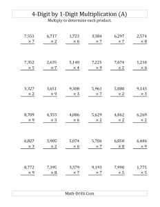 4Digit by 1Digit Multiplication (A) Long Multiplication Worksheet
