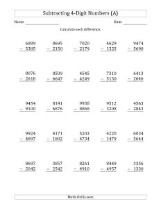 The 4Digit Minus 4Digit Subtraction (A) math worksheet from the