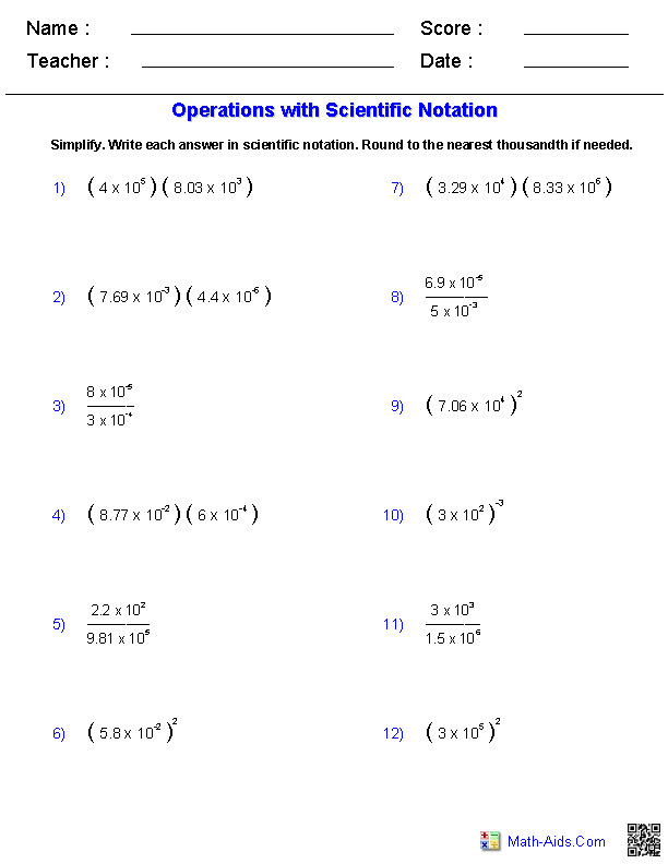 8Th Grade Adding And Subtracting Scientific Notation Worksheet With Answer Key Pdf