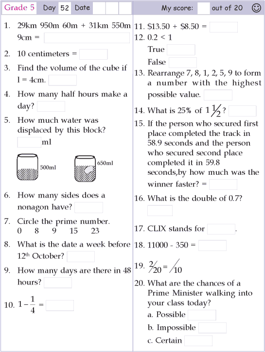 5th Grade Mental Math Worksheets Grade 5