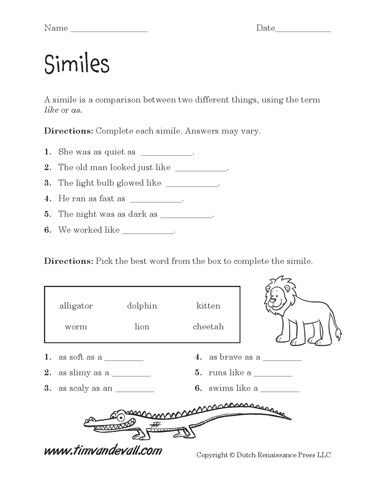 Grade 6 Similes Worksheet With Answers