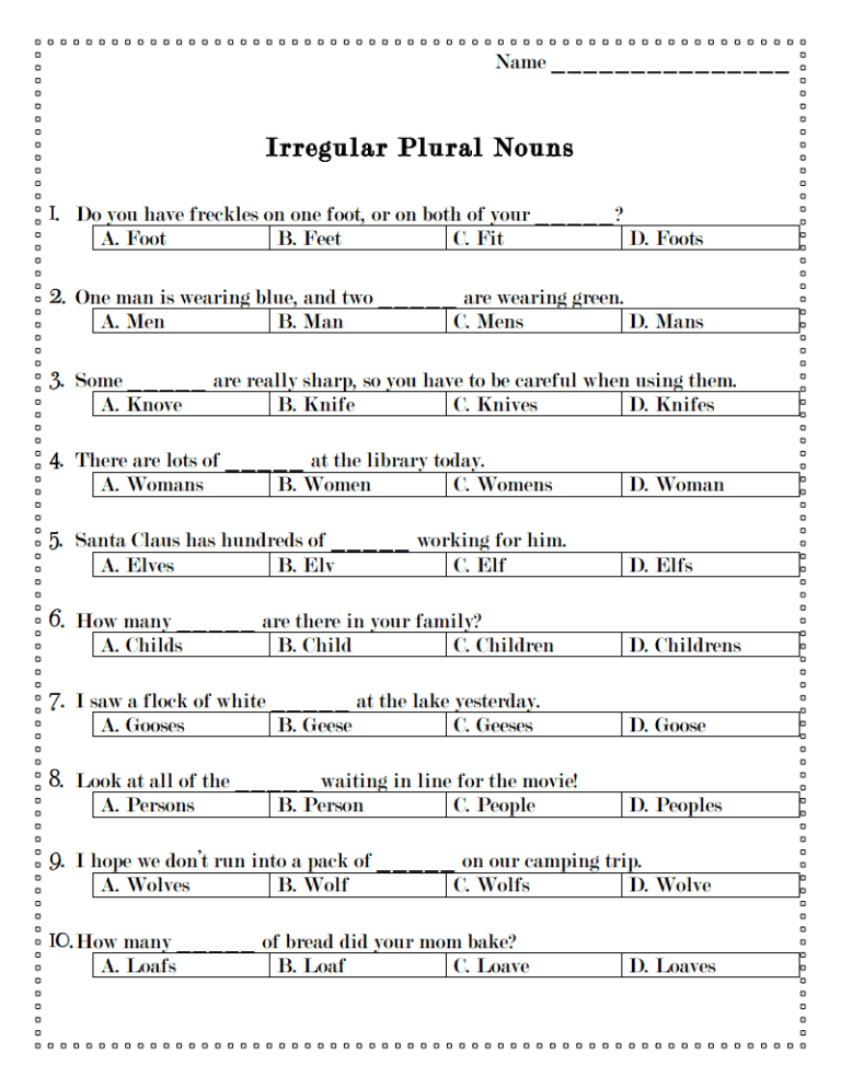 Singular And Plural Nouns Worksheet Grade 6 Pdf