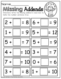 Missing Addends! First grade math worksheets, First grade math