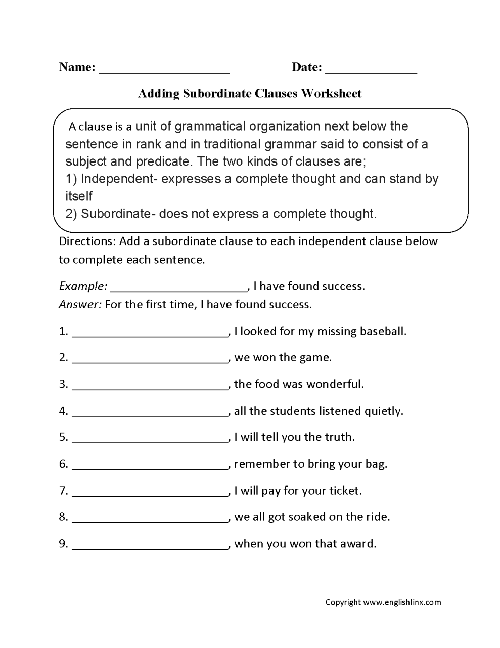 5th Grade Independent And Dependent Clauses Worksheet