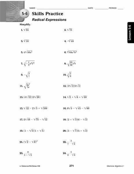 Simplifying Radical Expressions Multiplying Worksheet Answers