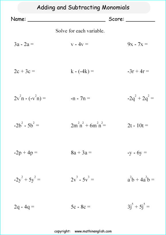 Adding And Subtracting Polynomials Worksheet Grade 7