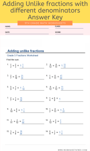 Adding Unlike fractions with different denominators For Grade 5 with