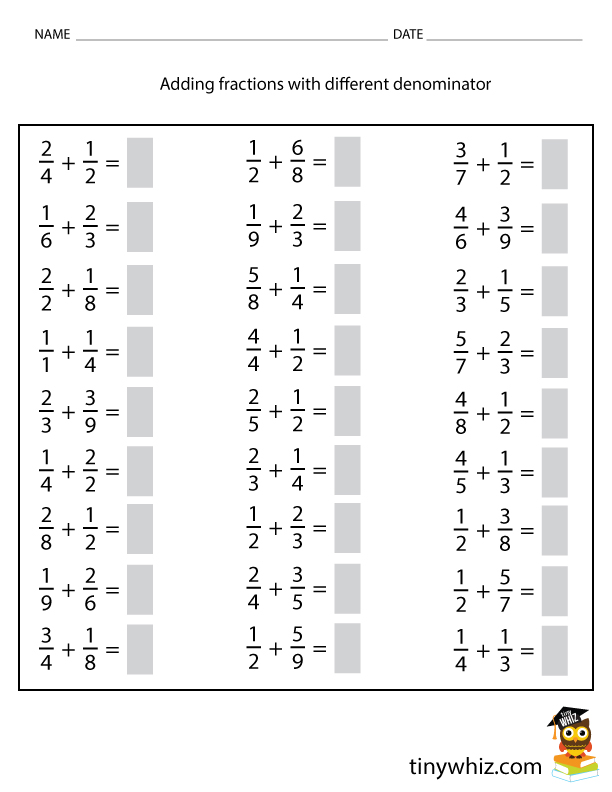 Add Fractions With Unlike Denominators Worksheets Free