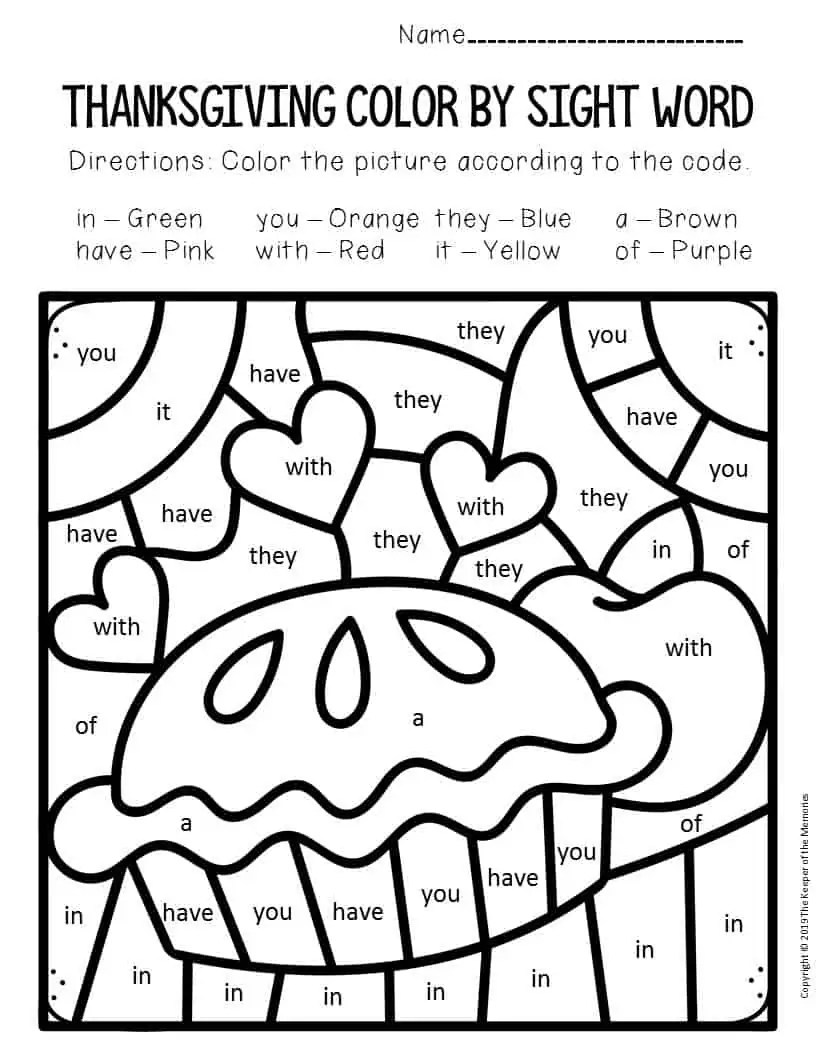 Color by Sight Word Thanksgiving Kindergarten Worksheets Pie The