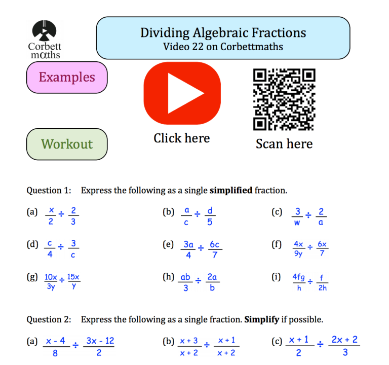 Algebraic Fractions Multiplying And Dividing Worksheet
