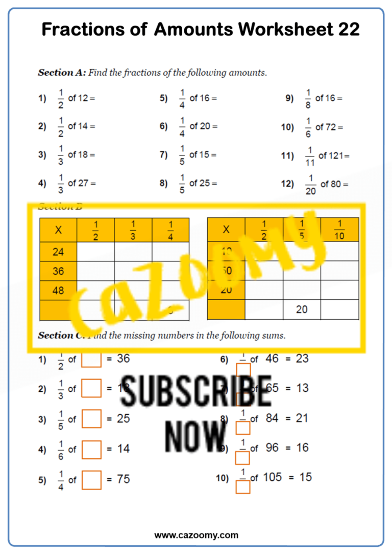 Worksheets Fractions Of Amounts