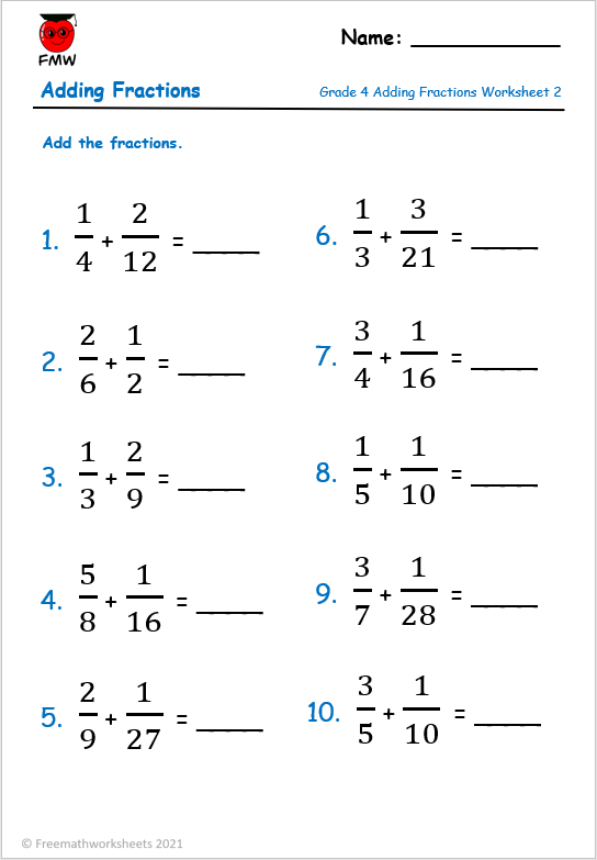 Adding Fractions with Unlike Denominators Free Worksheets Printables