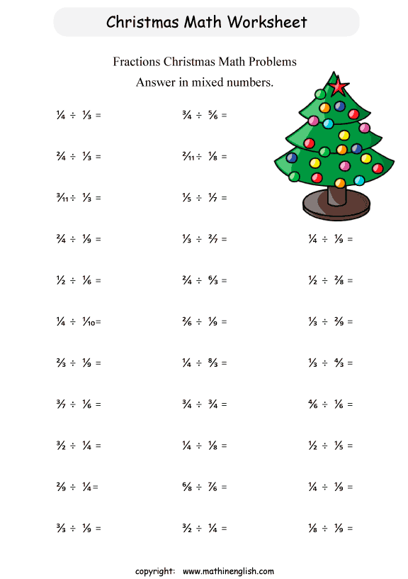 Printable Christmas dividing fractions worksheet for grade 6