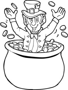 Happy Leprechaun Cheering St Patricks Day on Pot of Gold Coloring Page