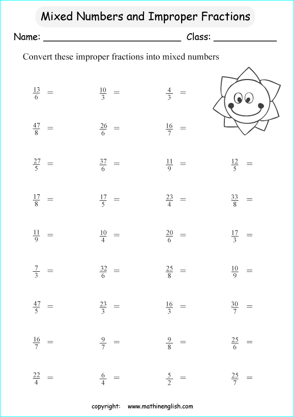 Math Worksheets On Improper Fractions And Mixed Numbers