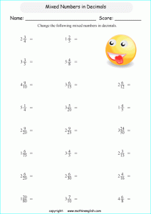Convert these mixed numbers in decimal numbers math worksheet for grade
