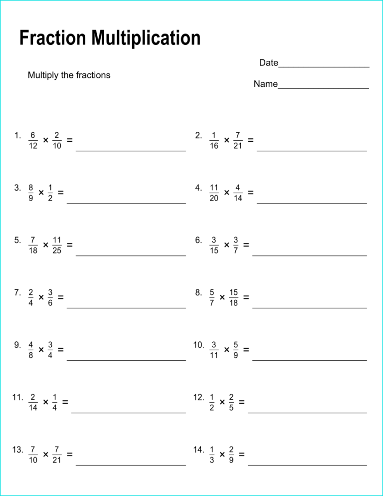 Free Printable Worksheets Multiplying Fractions