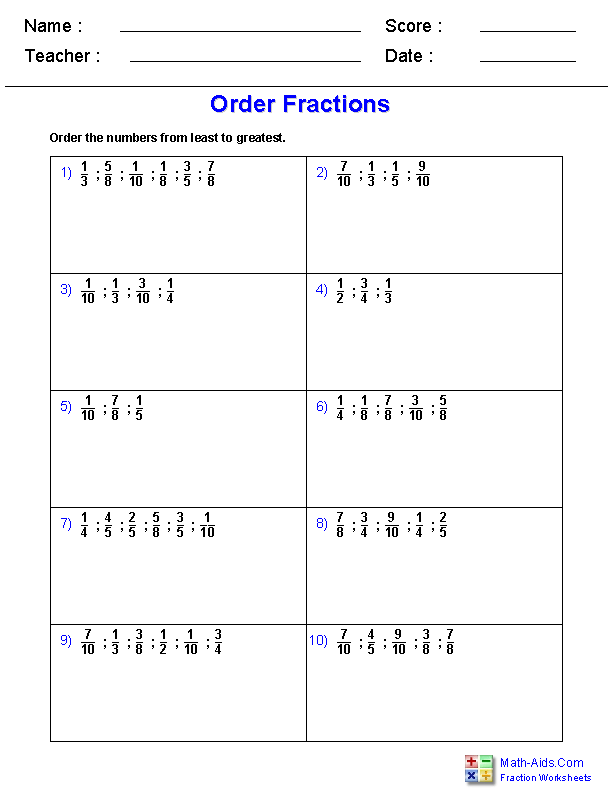 Comparing And Ordering Fractions And Decimals Worksheets